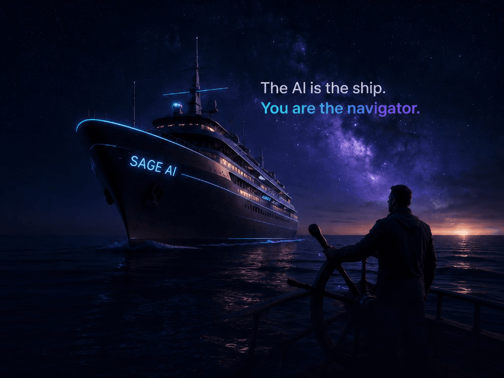 A navigator at the helm facing the SAGE AI ship under a cosmic night sky. The artwork includes the words The AI is the ship. You are the navigator.